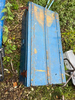 A Vintage Blue Painted Metal Storage Box, 43" Wide. A rectangular, utilitarian Metal container 
