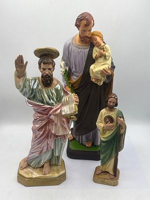 Three Religious Devotional Statues, including Saint Joseph with Child. A group of three painted 