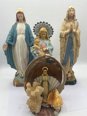 Four Vintage Composition Statues of the Virgin Mary, including Our Lady of Grace, and a 