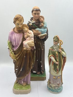 Three Traditional Plaster or Ceramic Devotional Statues of Saint Joseph, Saint Anthony of Padua 