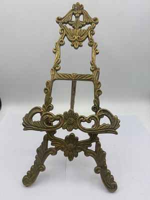 A Victorian? Ornate Brass Display Easel, 12” Standing. A Victorian style ornate brass display 