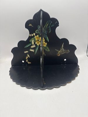 Antique Japanese Black Lacquered Wood Folding Wall Shelf, Hand-Painted Floral and Avian Motif. An 