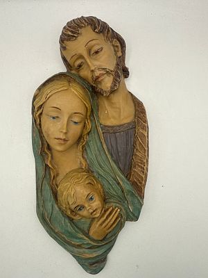 Vintage Italian Polychrome Composite Holy Family Wall Plaque, 4.5 x 10 inches, Circa 1950s. A 