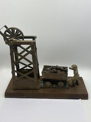 Vintage Brass Model of Welsh Miner, Coal Cart, and Pit Head Diorama. A vintage brass model 
