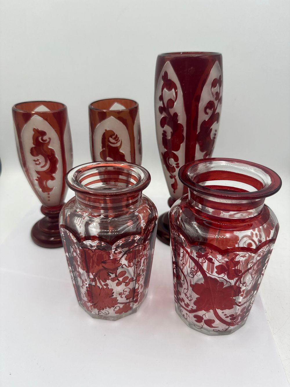Lot 40: A Group of Five Egermann Bohemian Ruby Cut To Clear Glass Vases, Tallest 8.5”
