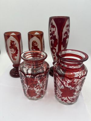 A Group of Five Egermann Bohemian Ruby Cut To Clear Glass Vases, Tallest 8.5”. A group of five 