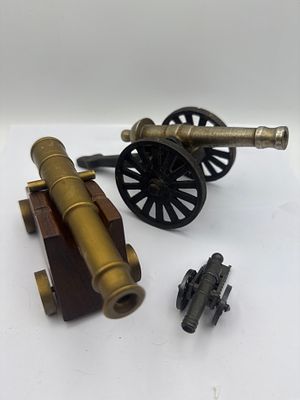 Three Miniature Decorative Cannons, Brass, Pewter-Toned, and Cast Metal, Largest 8 inches. A lot 