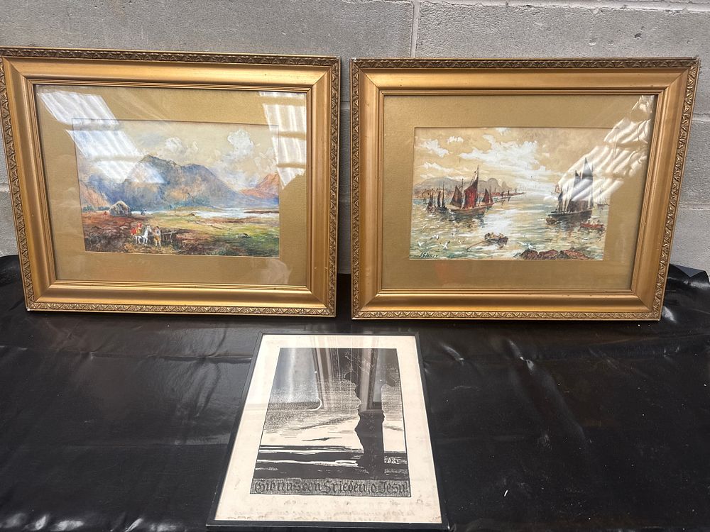Lot 302: Three Framed Artworks: Two Watercolors and a Print
