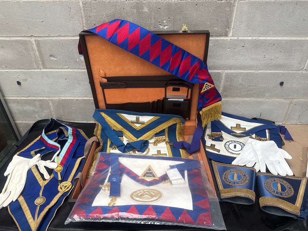 Lot 303: A Collection of Masonic Royal Arch Provincial Regalia, Aprons, Sashes, and Collars, with Carrying Case