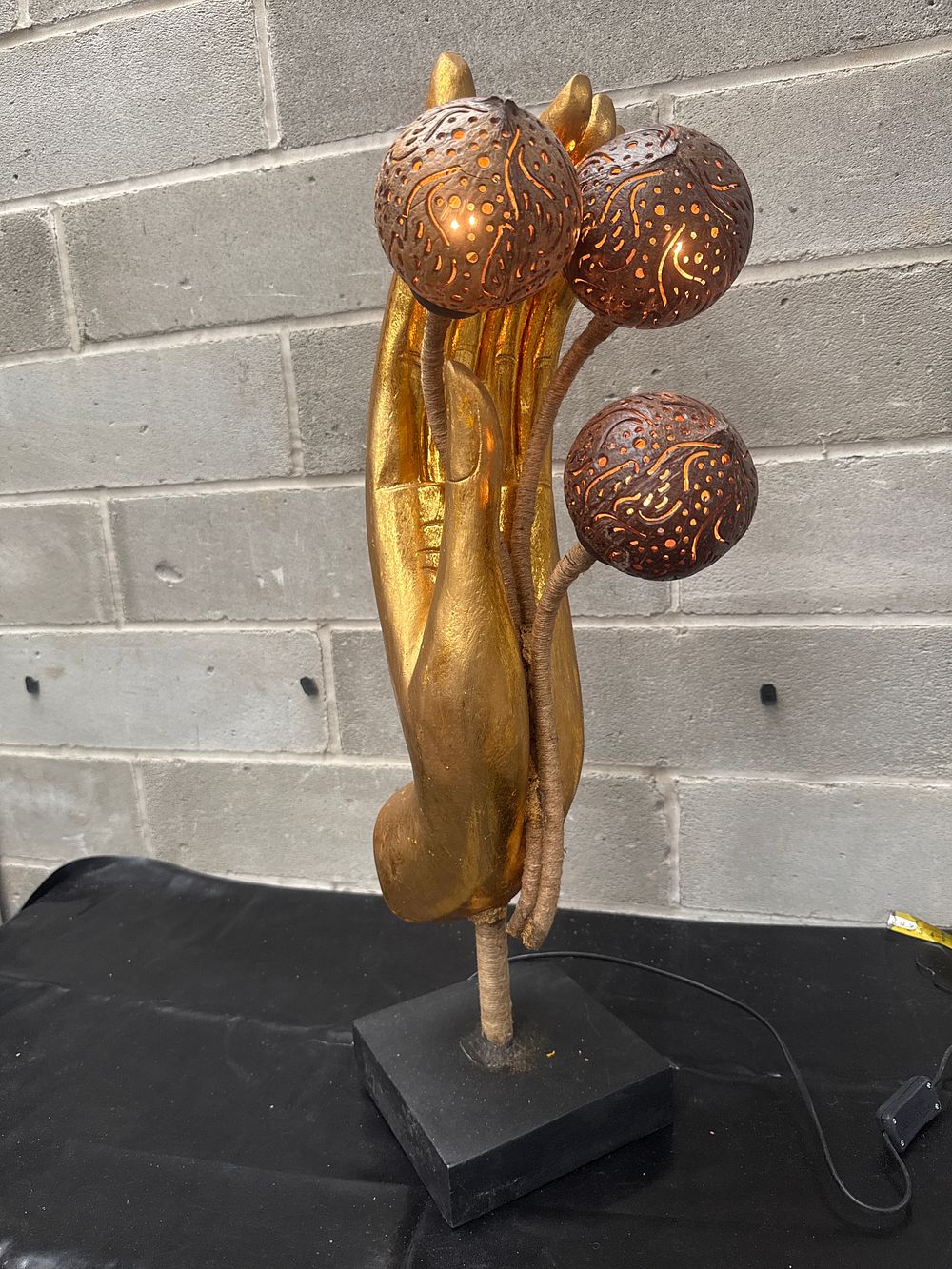Lot 417: Asian-Inspired Contemporary Gold-Finished Hand Sculpture Table Lamp, 28" Tall