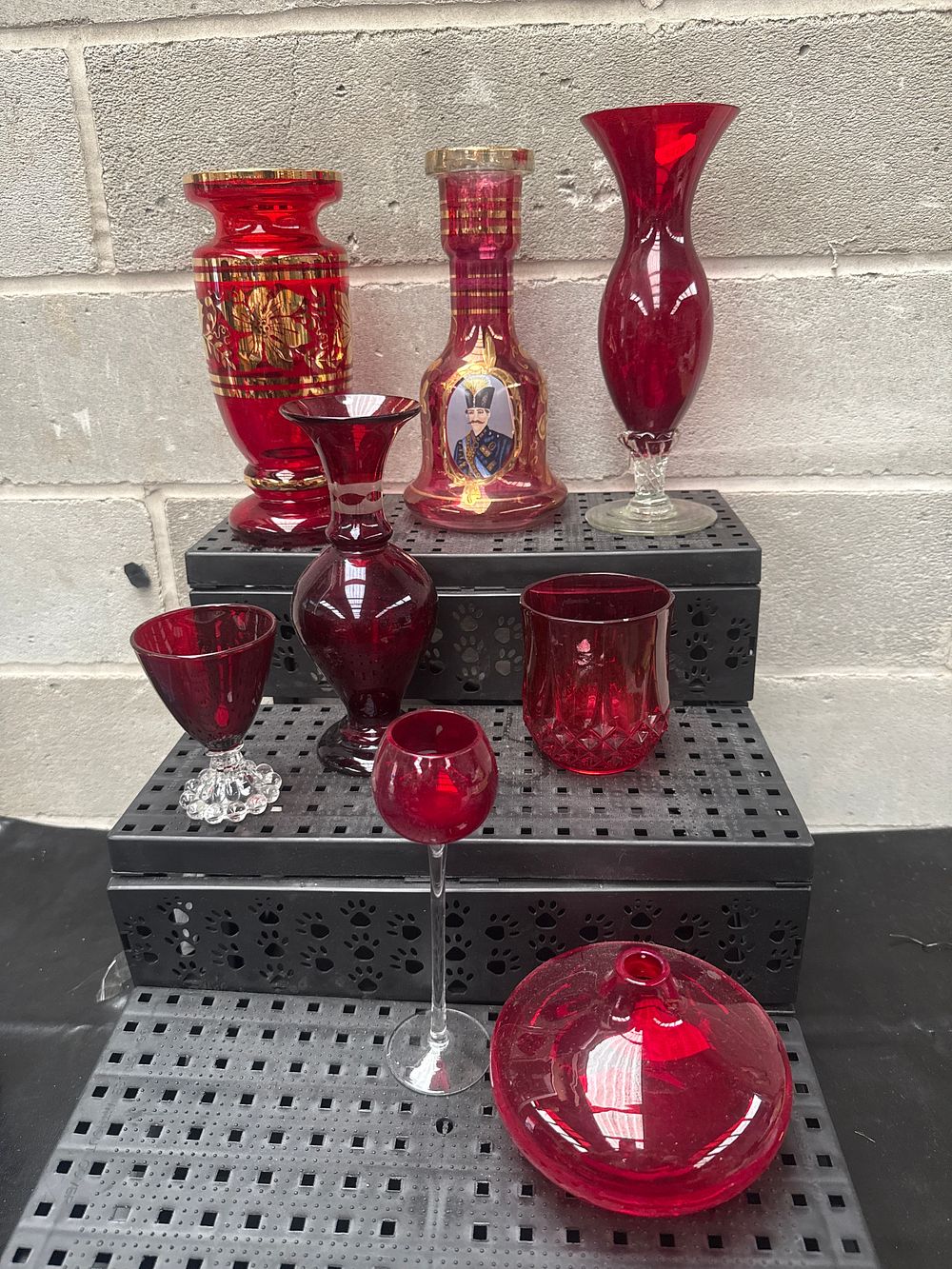 Lot 432: A Group of Eight Ruby Red Glass Vessels, with Gilt Enamel Decoration and Portrait Medallion
