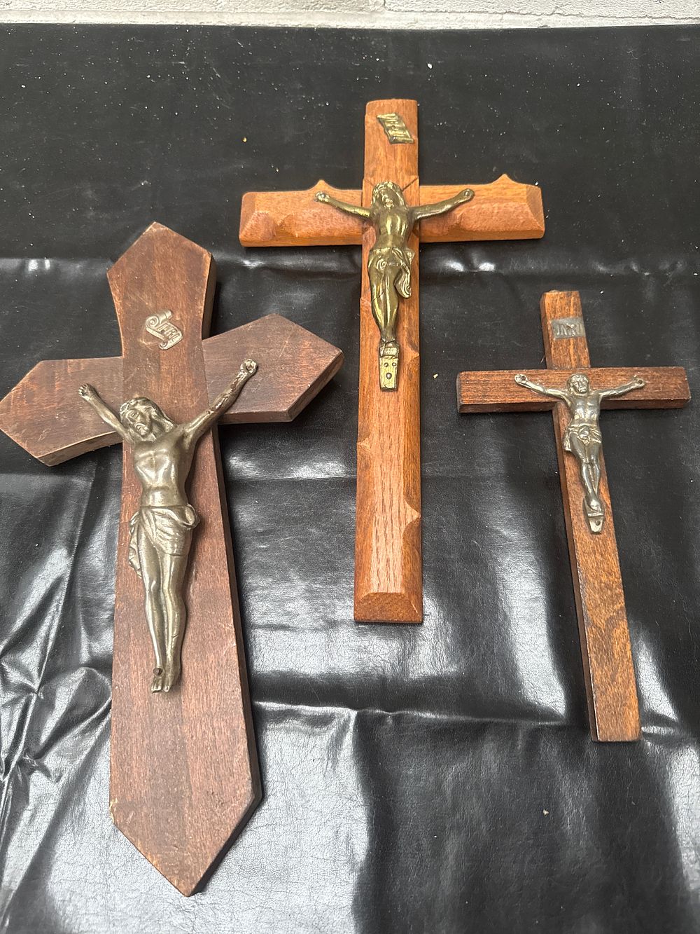 Lot 438: Three Vintage Wood and Metal Sick Call Crucifixes, 14” Tallest