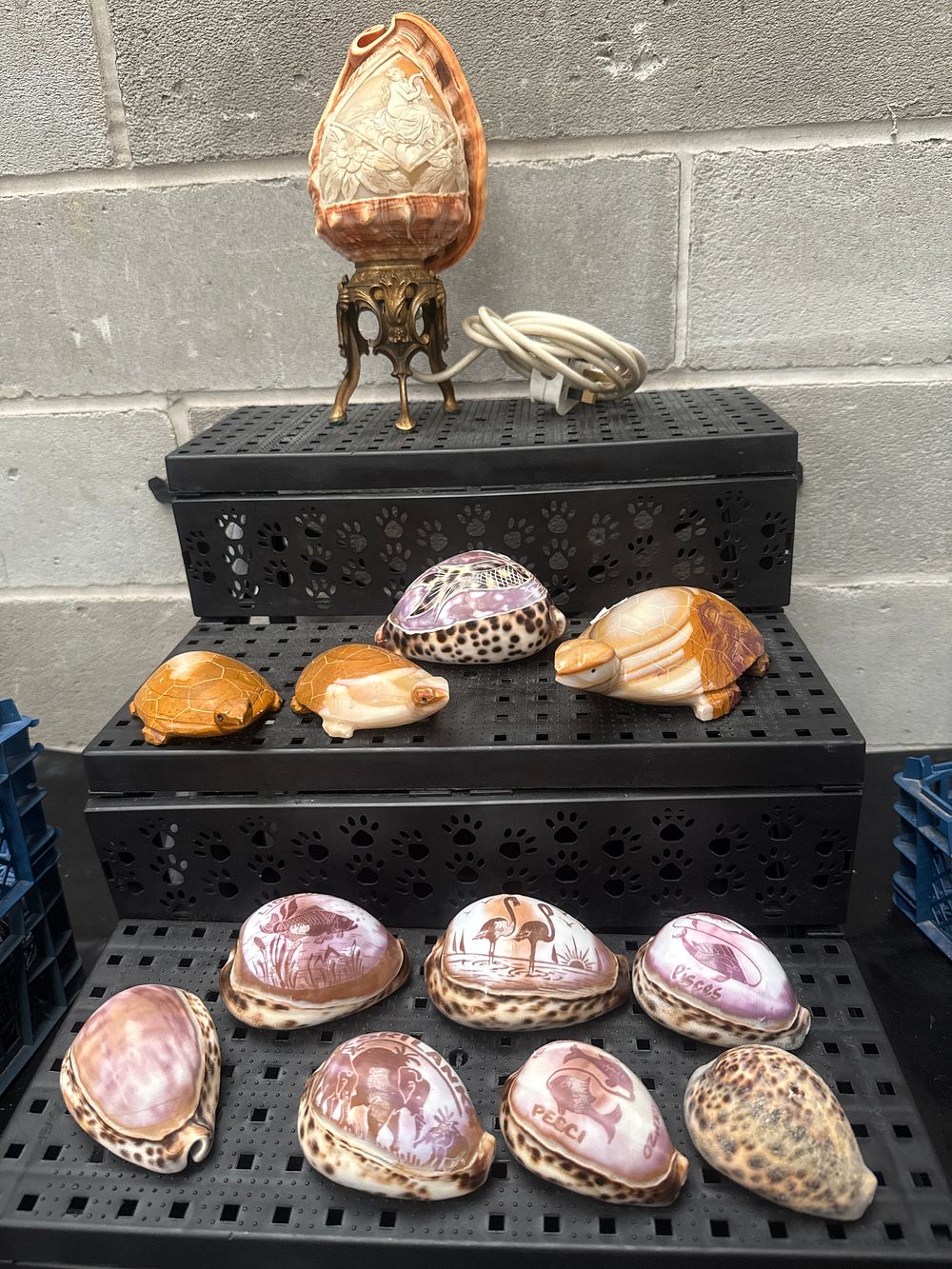 Lot 439: A Carved Seashell Table Lamp, Four Stone Turtle Figurines, and A Collection of Decorated Cowrie Shells
