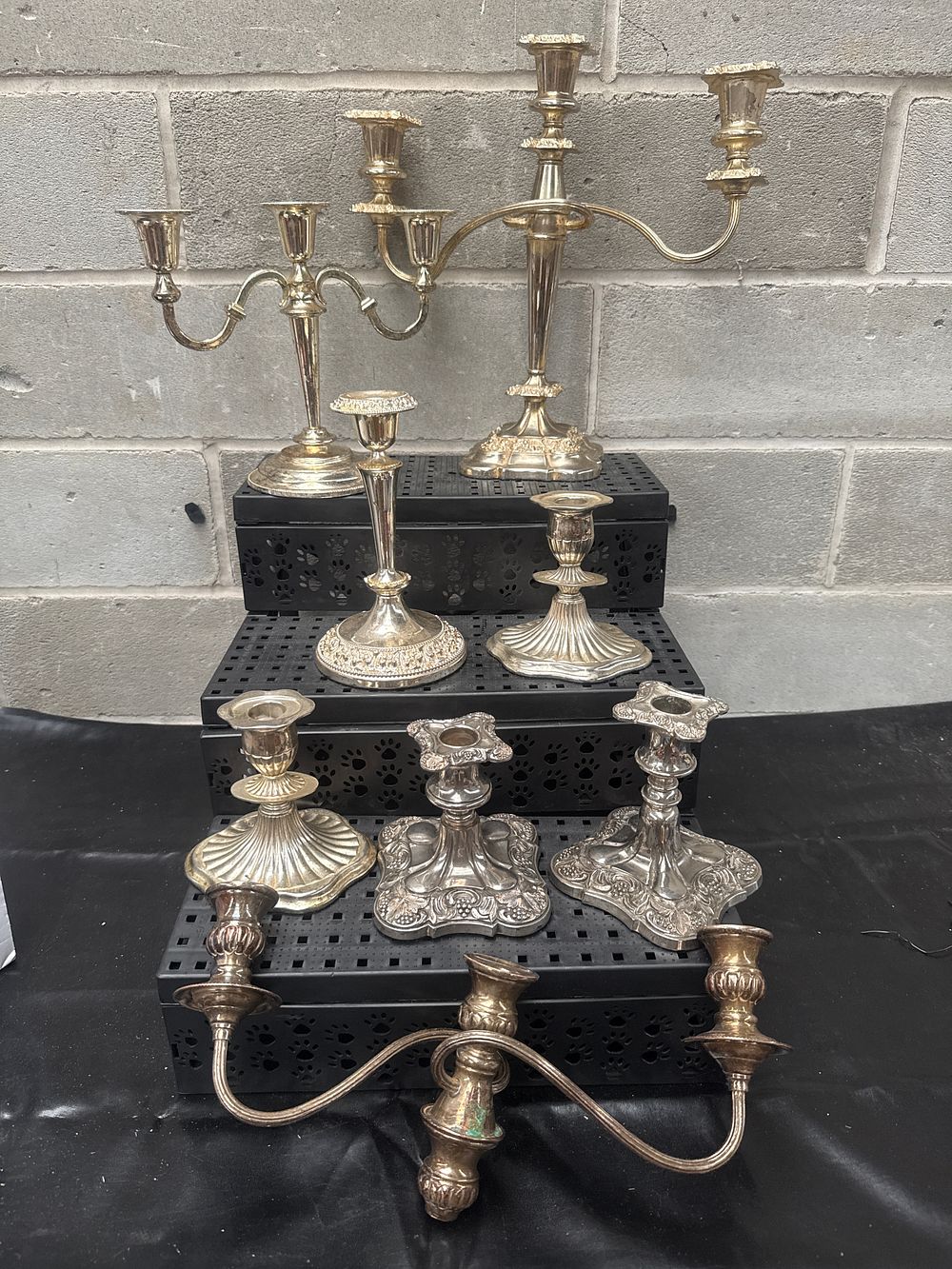 Lot 445: Eight Mixed Silver Plate and Brass Candelabras and Candlesticks, Victorian Style