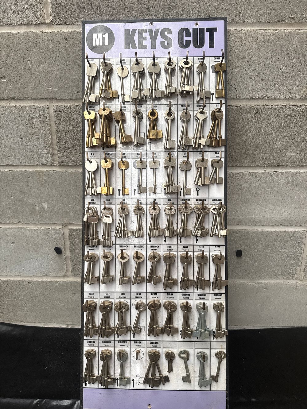 Lot 451: M1 Mortice Key Blank Display Board with a Collection of Key Blanks