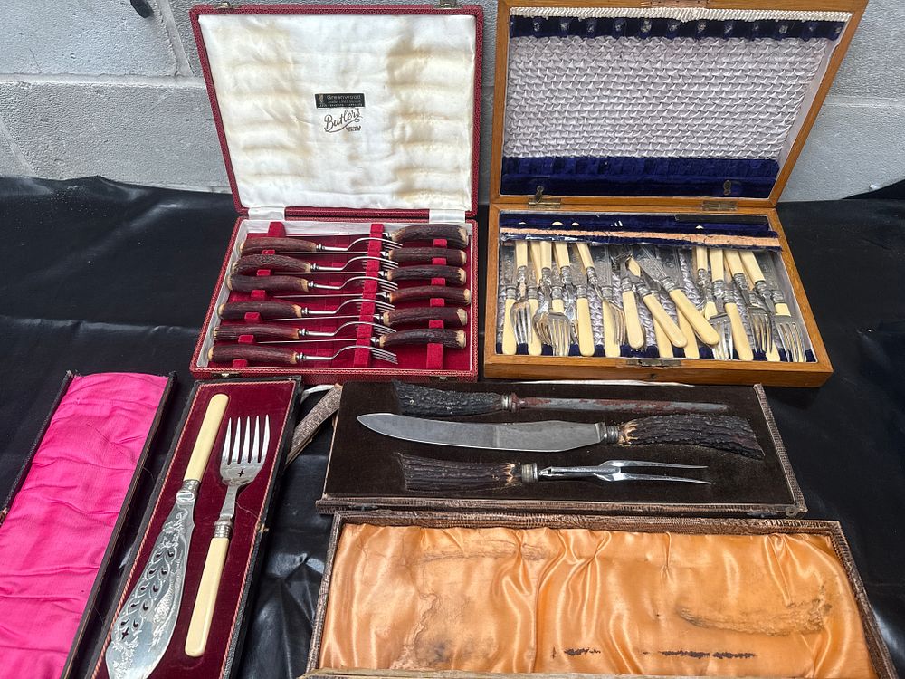 Lot 461: A Collection of 4 Cased Cutlery Sets, including Butlers Sheffield Stag Antler Handled Table Cutlery