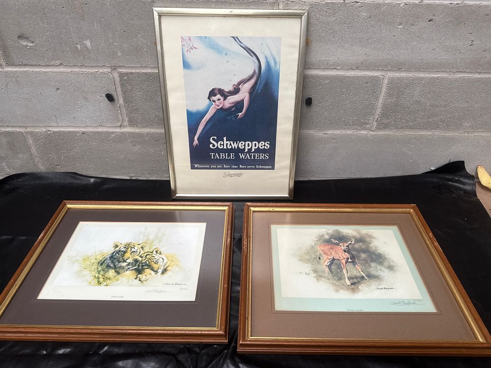 Lot 466: A Group of Three Framed Prints, including a Vintage Schweppes Advertising Poster and Two David Shepherd Limited Edition Wildlife Prints