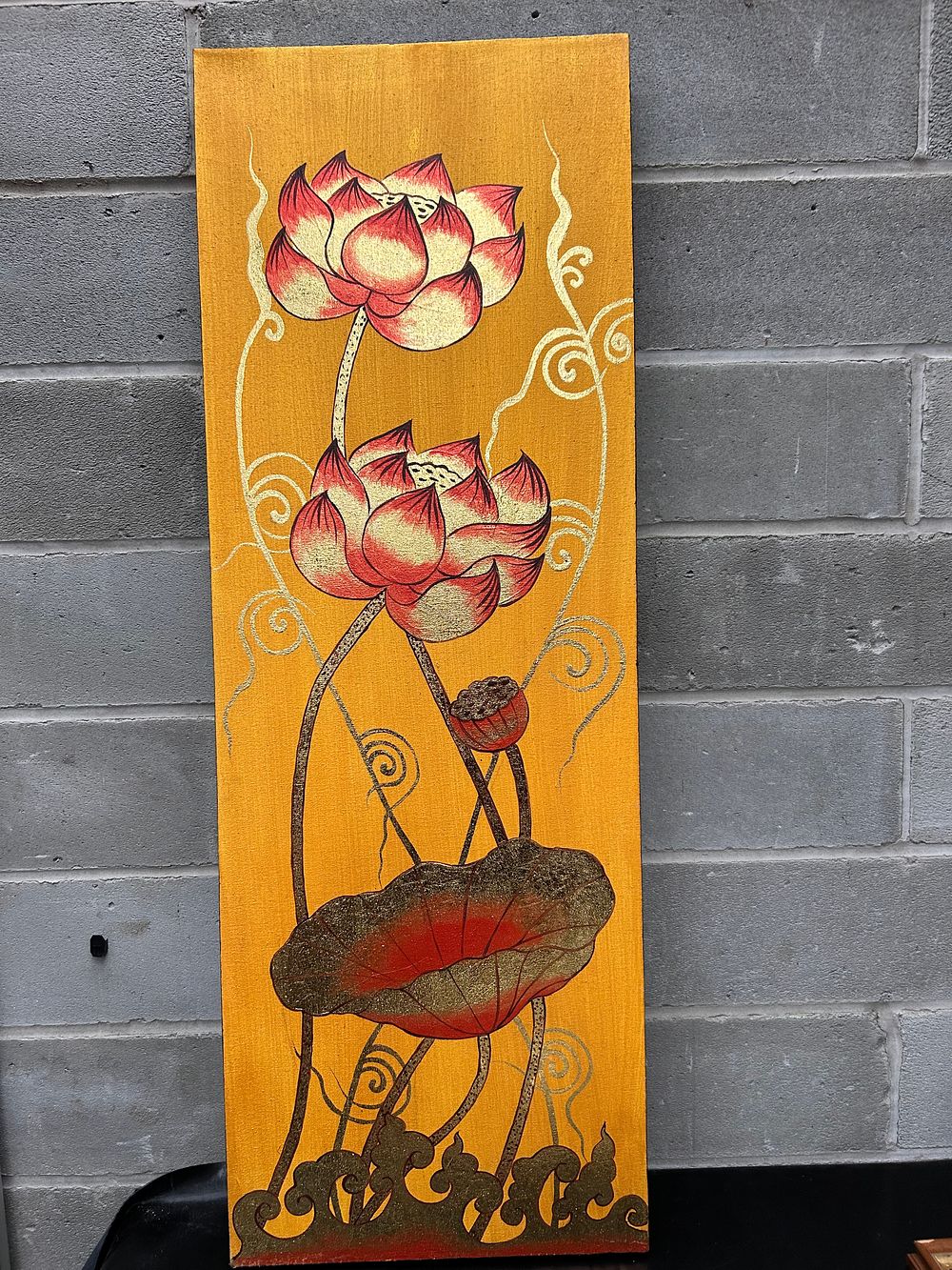 Lot 482: A Gilded Thai Lotus Painting, 39x14”
