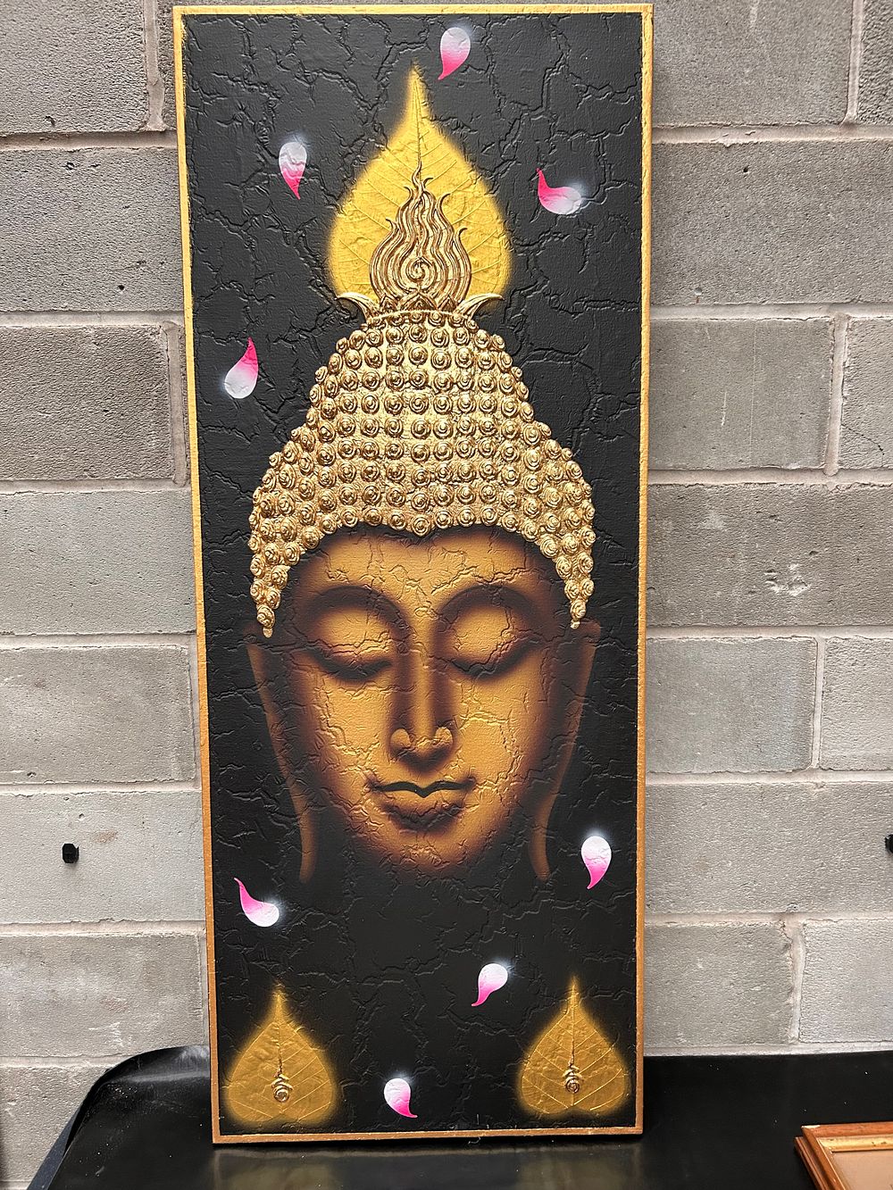 Lot 484: A Mixed-Media Panel Depicting a Buddha Head, 39x16 inches