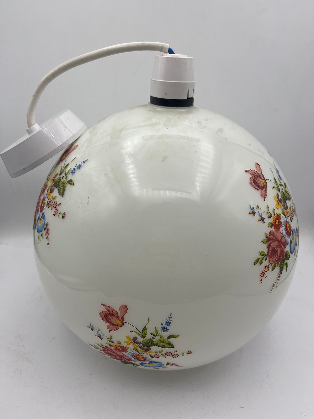 Lot 299: Vintage Opal Glass Spherical Pendant Light Shade with Floral Transfer Prints