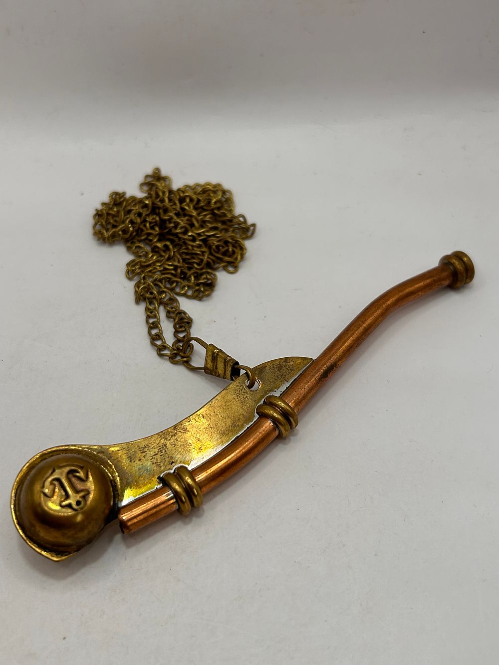 Lot 300: Brass and Copper Boatswain Whistle Bosun Call Pipe with Chain