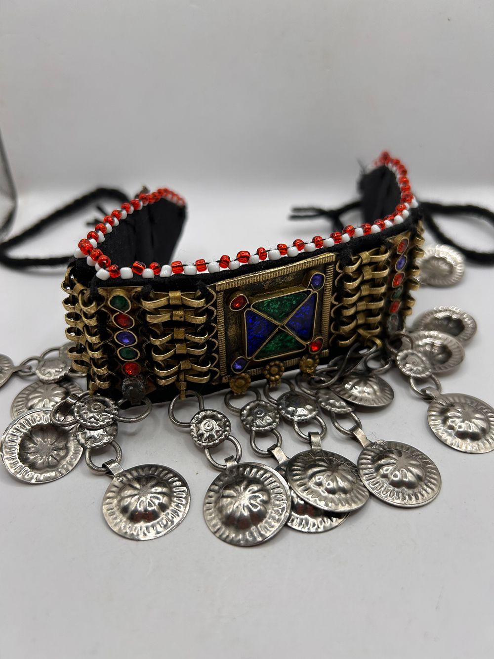 Lot 359: Afghan Tribal Kuchi Choker Necklace with Enamel Inlay and Metal Medallions