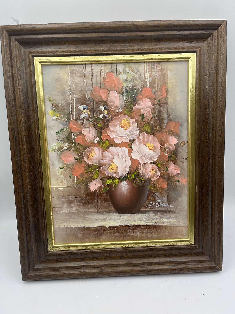 Lot 527: Robert Cox Style Oil Painting Floral Still Life Pink Roses Signed H. Feldeur