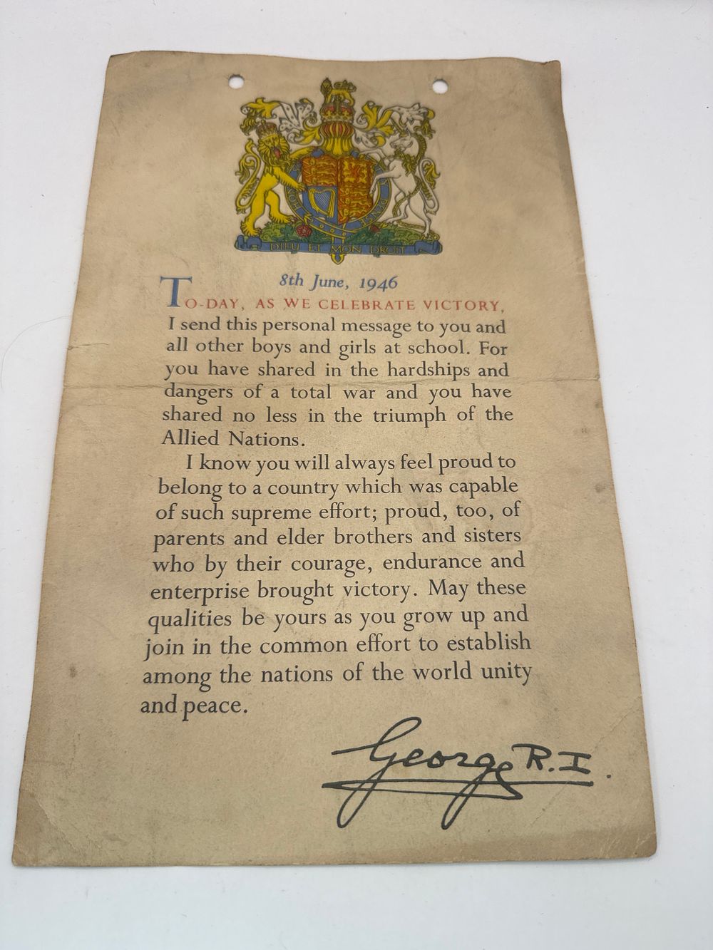 Lot 535: King George VI Allied Victory Message Certificate to Schoolchildren 1946