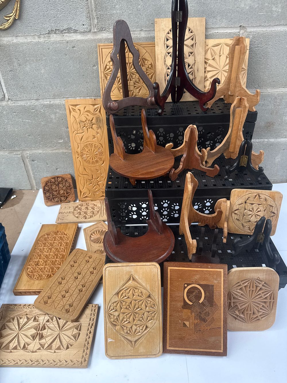 Lot 539: A Collection of  Chip-Carved Folk Art Wooden Panels and Display Easels
