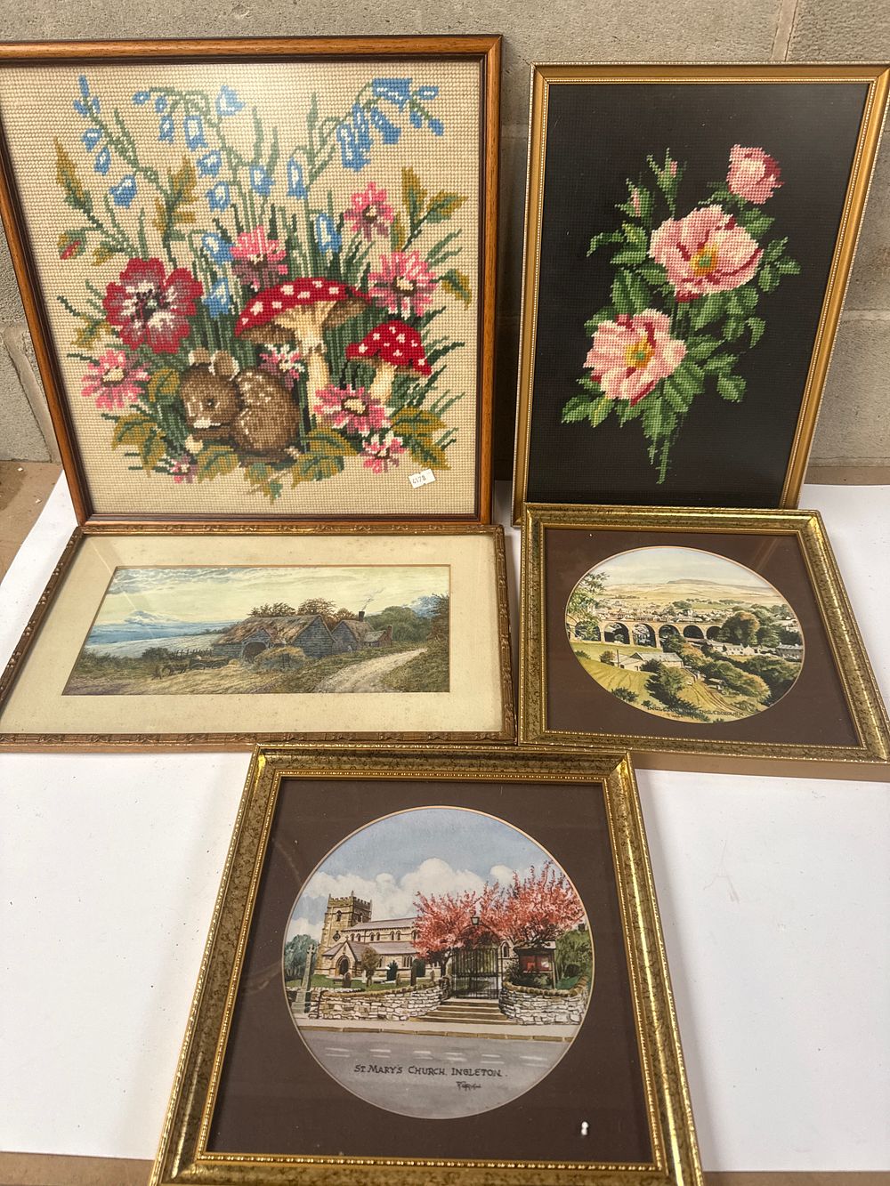 Lot 553: A Collection of 5 Framed Vintage Needlepoint Pictures and Scenic Prints