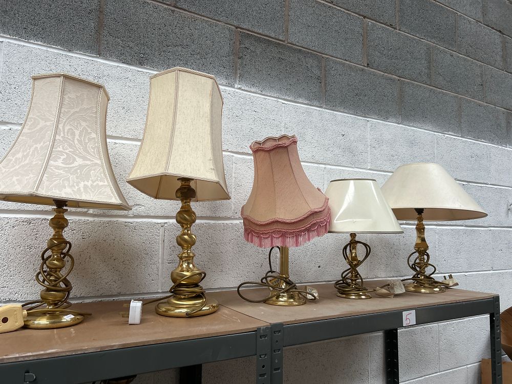 Lot 297: A Collection of Stiffel Style Polished Brass Table Lamps with Assorted Shades