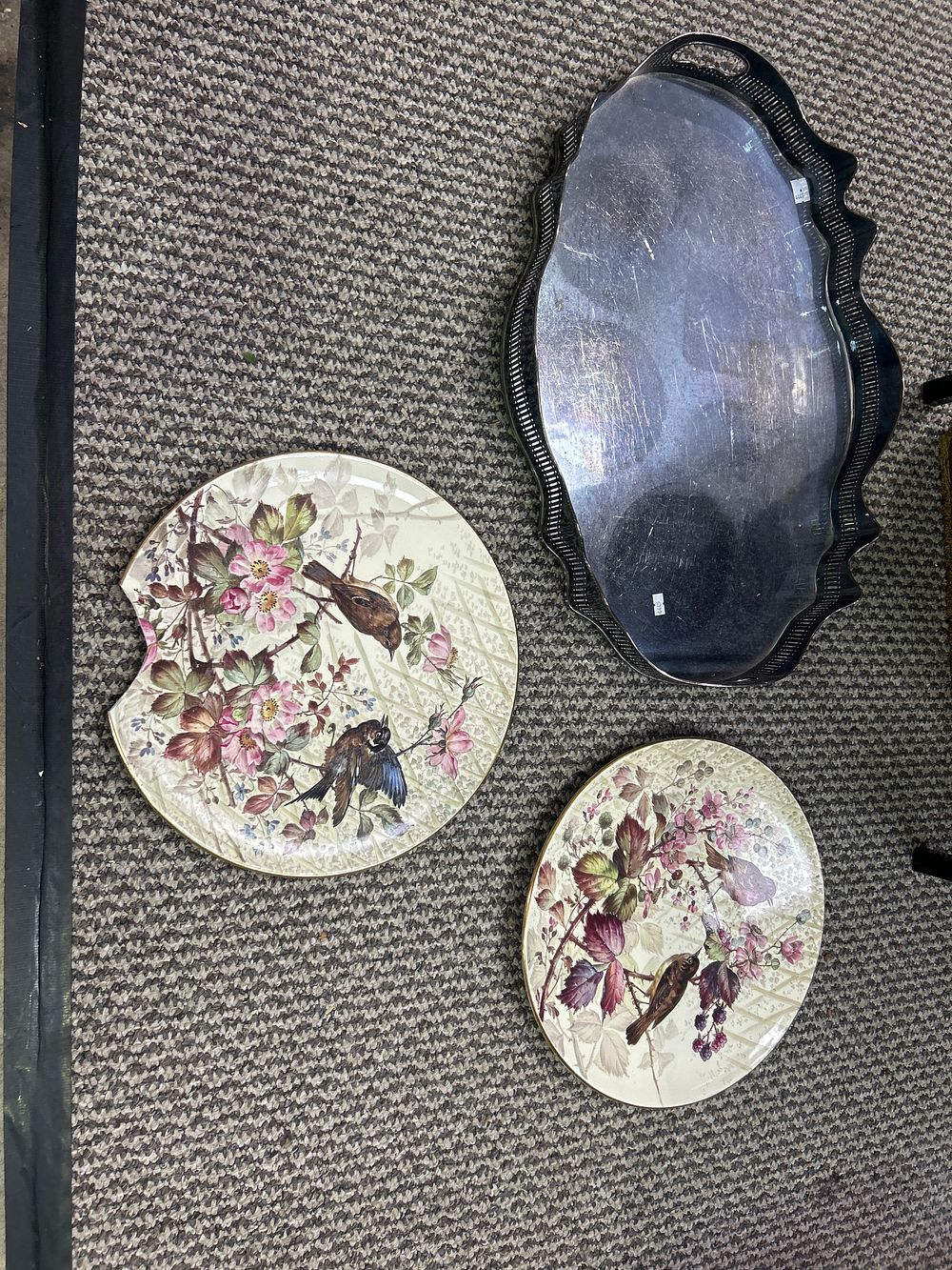 Lot 307: Three Items Comprising a Silver Plate 2ft Diameter Galleried Tray and Two Ceramic Songbird Plates (one damaged)
