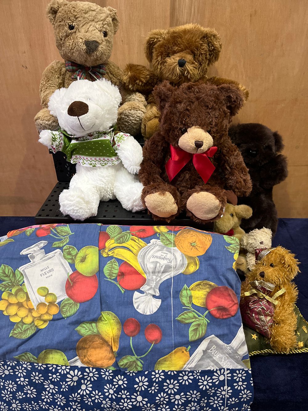 Lot 328: A Collection of Plush Teddy Bears and Patterned Textiles