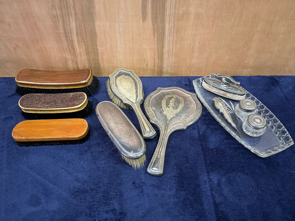 Lot 332: A Collection of Art Nouveau Style Silver-Plated and Wooden Dressing Table Accessories