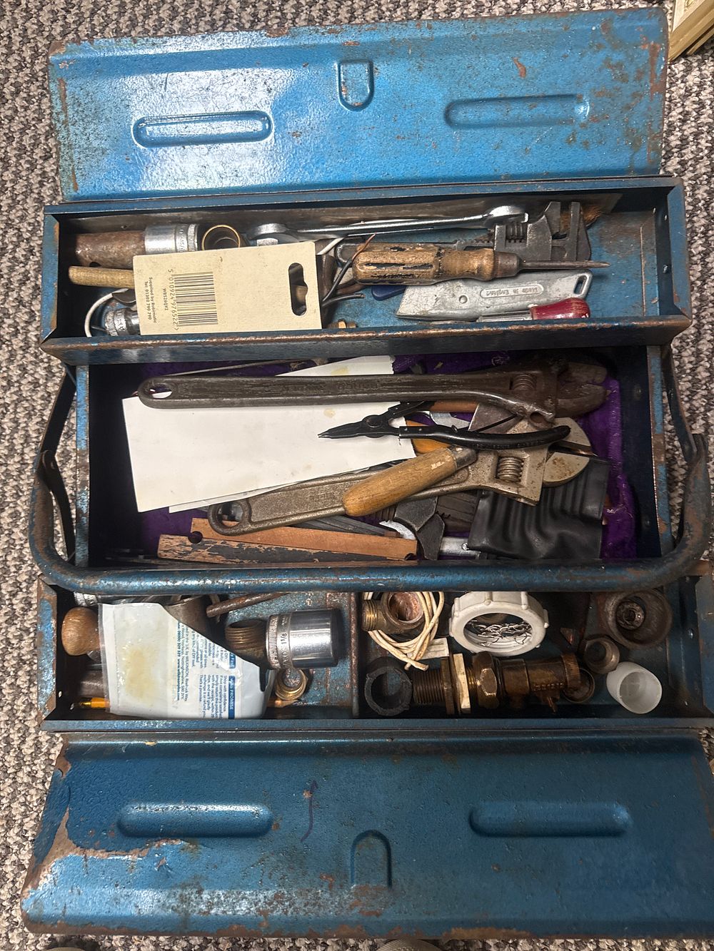 Lot 379: A Blue Painted Metal Cantilever Toolbox and a Collection of Hand Tools