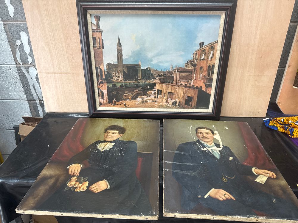 Lot 414: Three Paintings Including a Framed Landscape and Two Portraits