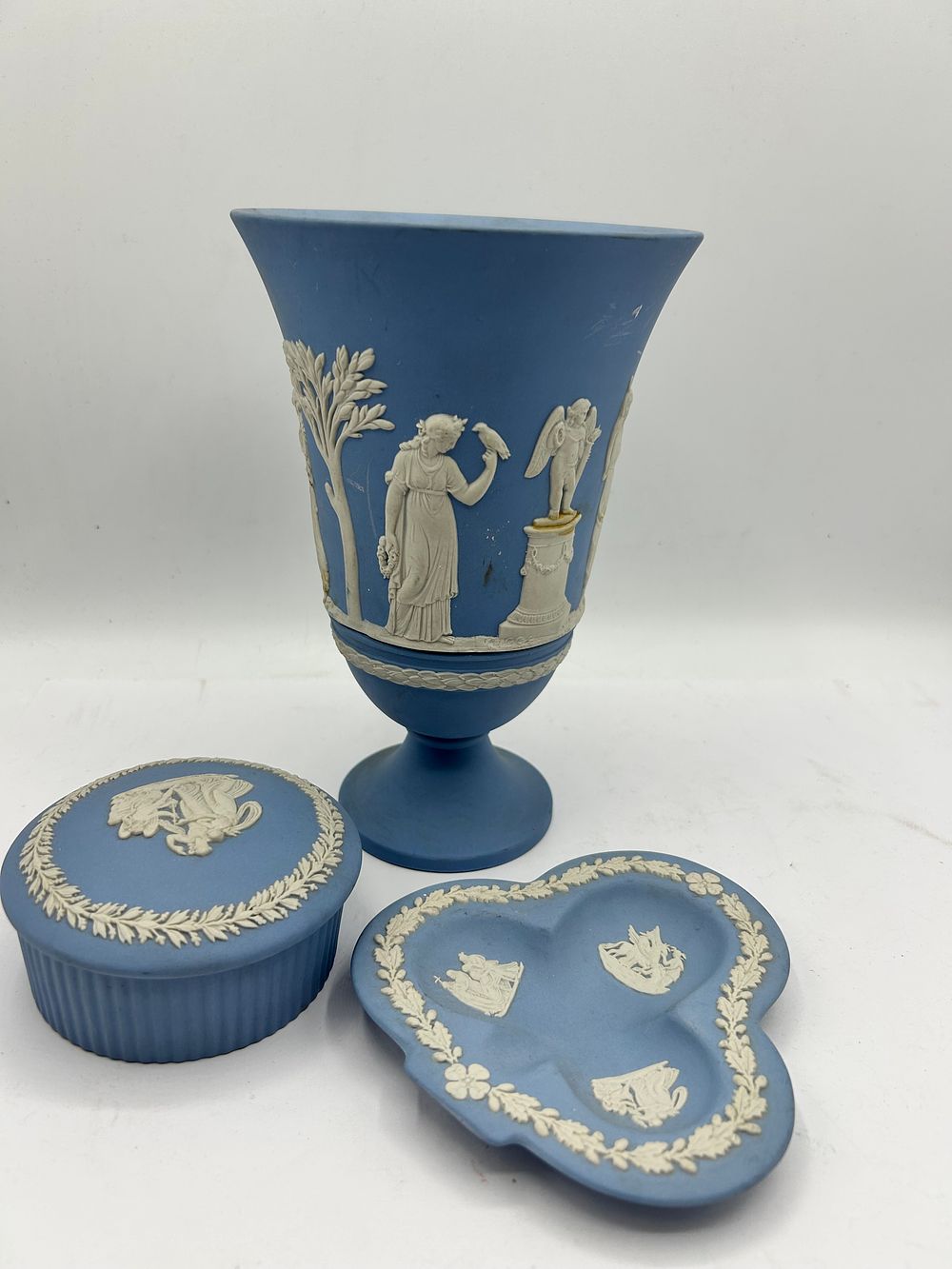 Lot 425: A Trio of Wedgwood Blue Jasperware Vessels