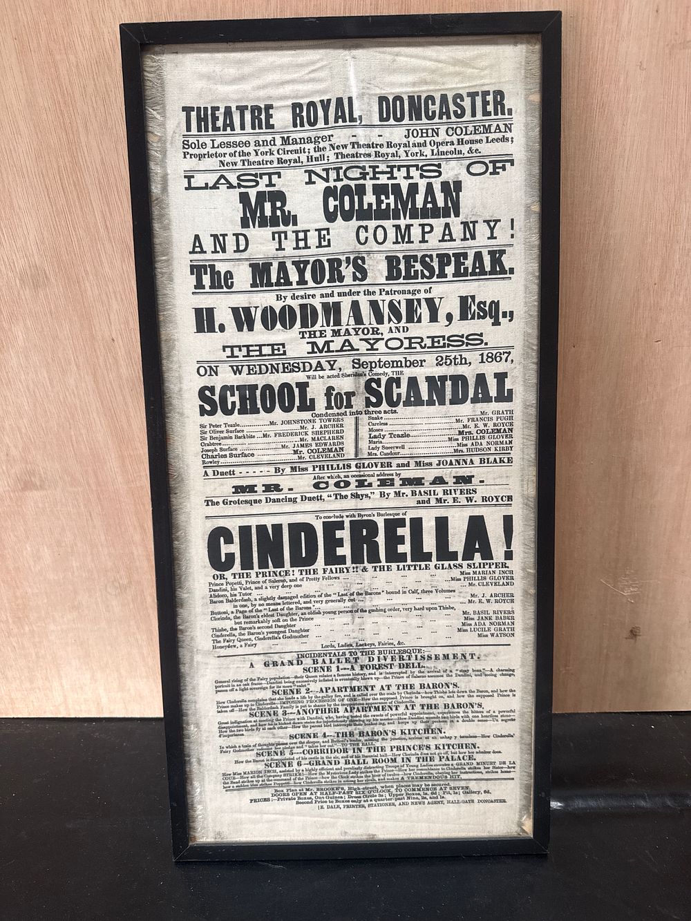 Lot 437: A Victorian Theatre Royal Doncaster Framed Silk Playbill for The Mayor's Bespeak 11 X 23"