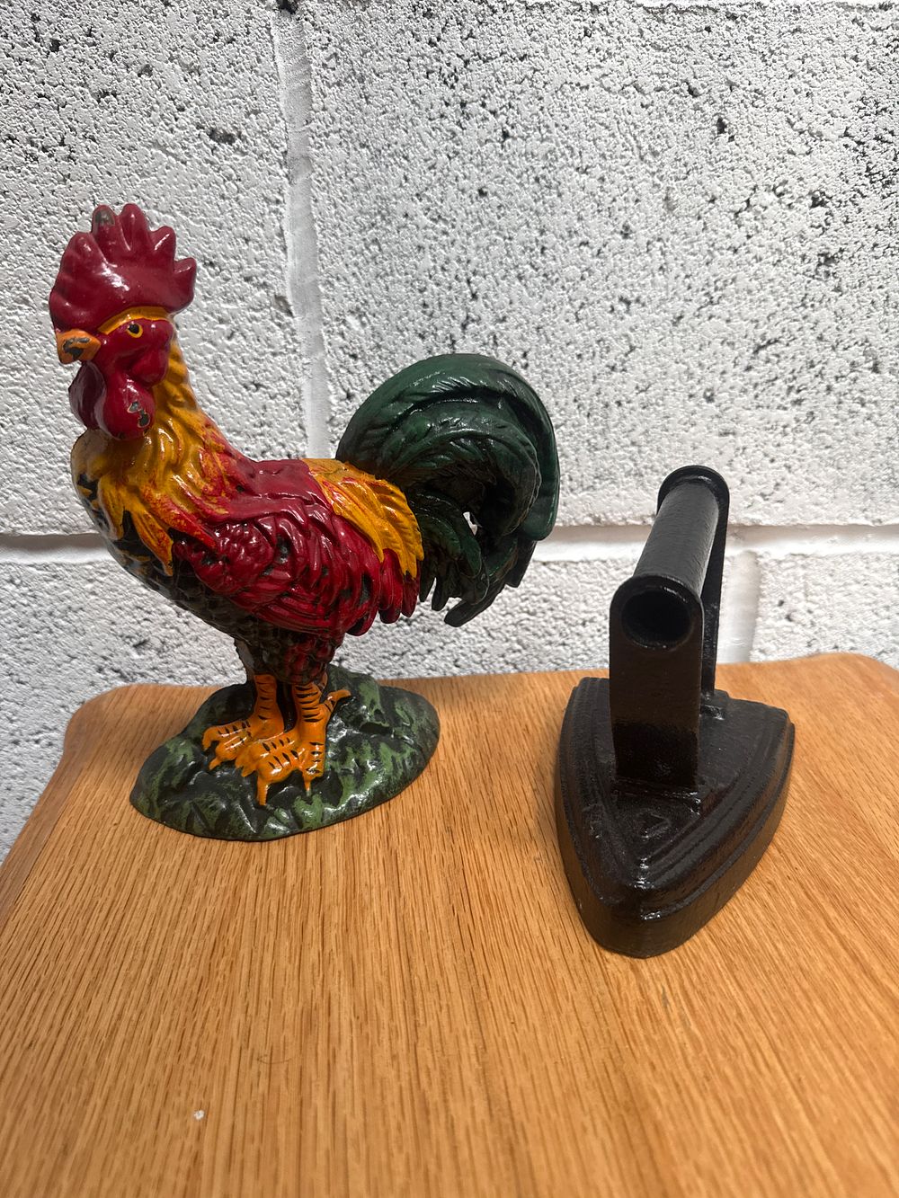 Lot 462: Two Cast Iron Decorative Items Including a Standing 8-Inch Cockerel Door Stop and Miniature Flat Iron