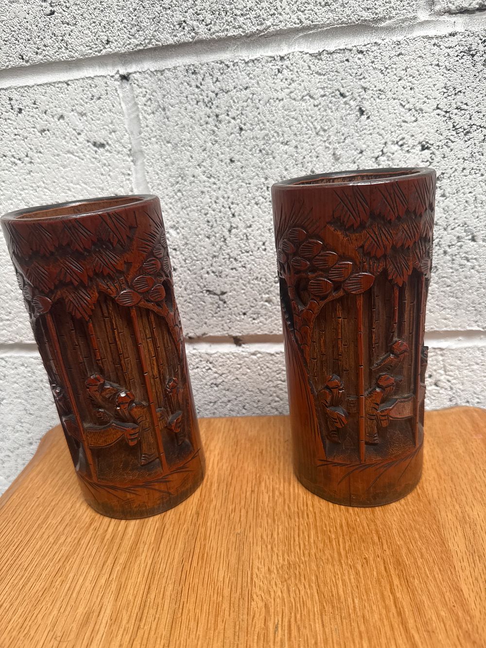 Lot 464: A Pair of Chinese Carved Bamboo Bitong Brush Pots