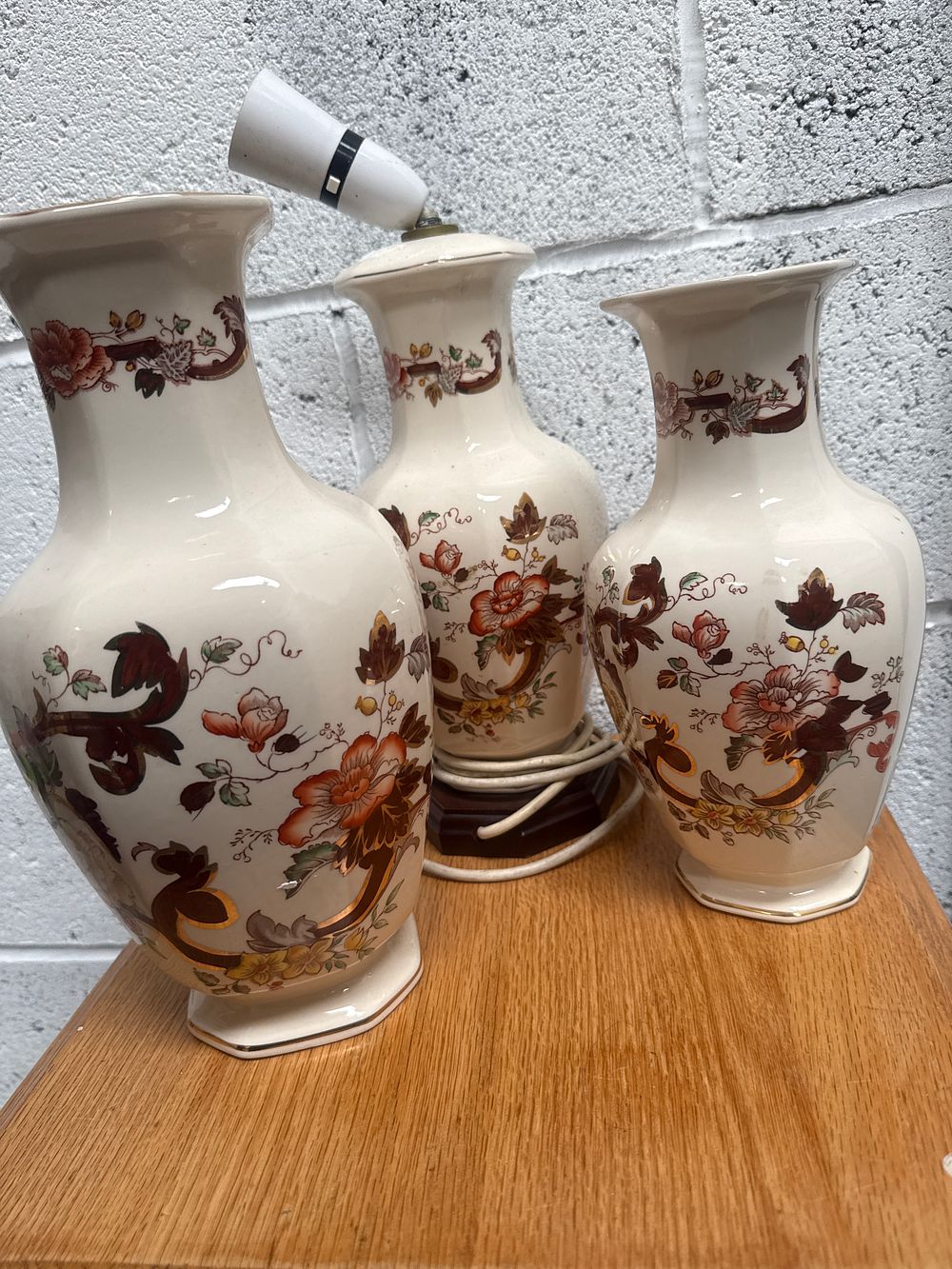 Lot 470: Three Mason's Ironstone Brown Velvet Pattern Vases including a Table Lamp