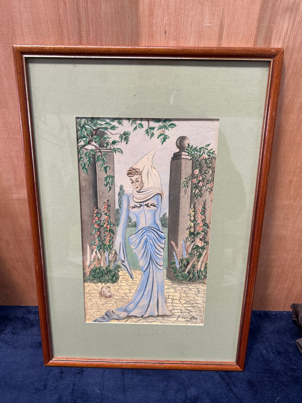 Lot 486: A. W. Kerr, Medieval Style Figure in a Garden, Watercolour, 1943