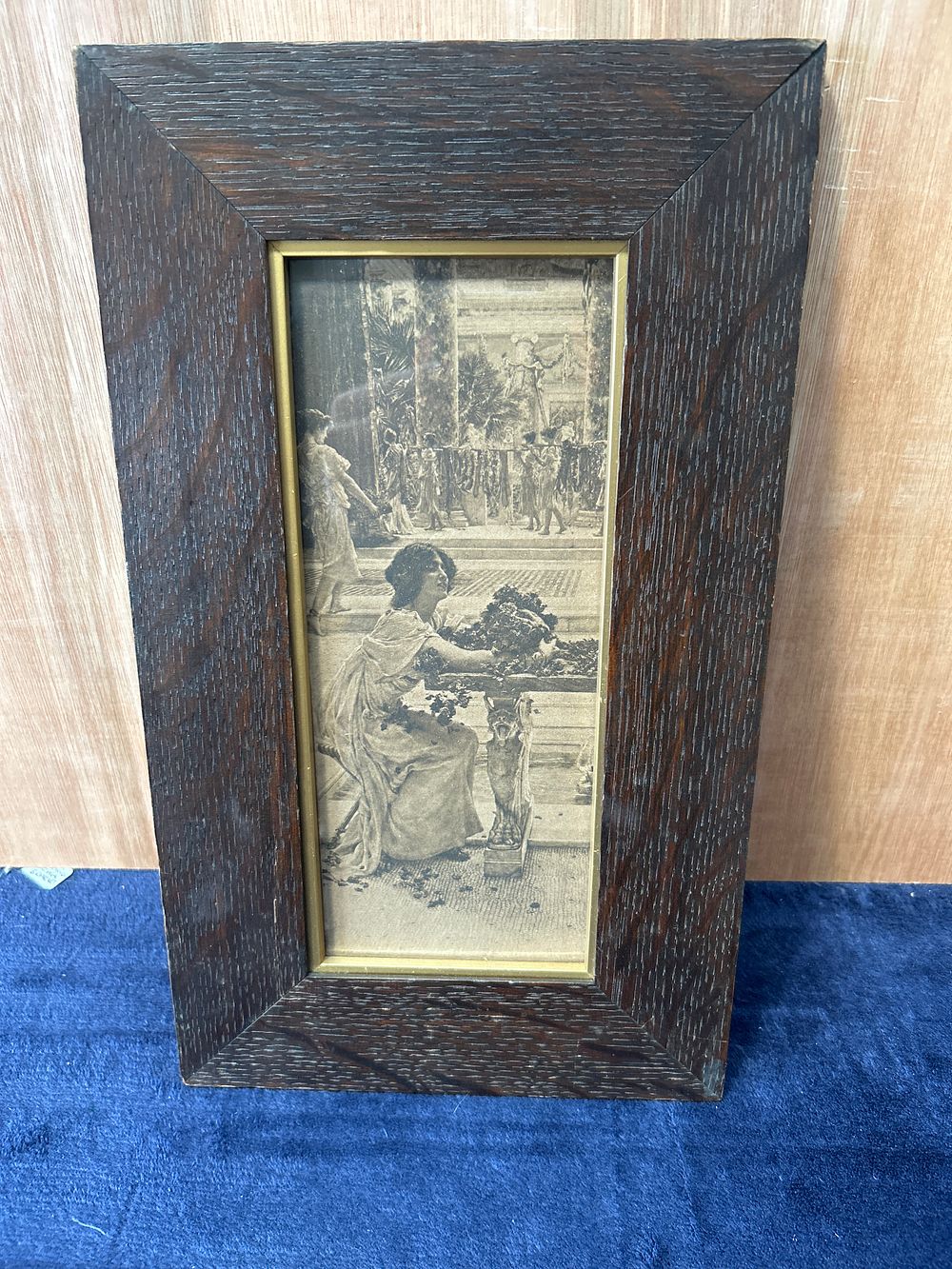 Lot 492: A 20th-century monochrome print of a classical scene in a dark-stained oak frame, 14 x 8 inches