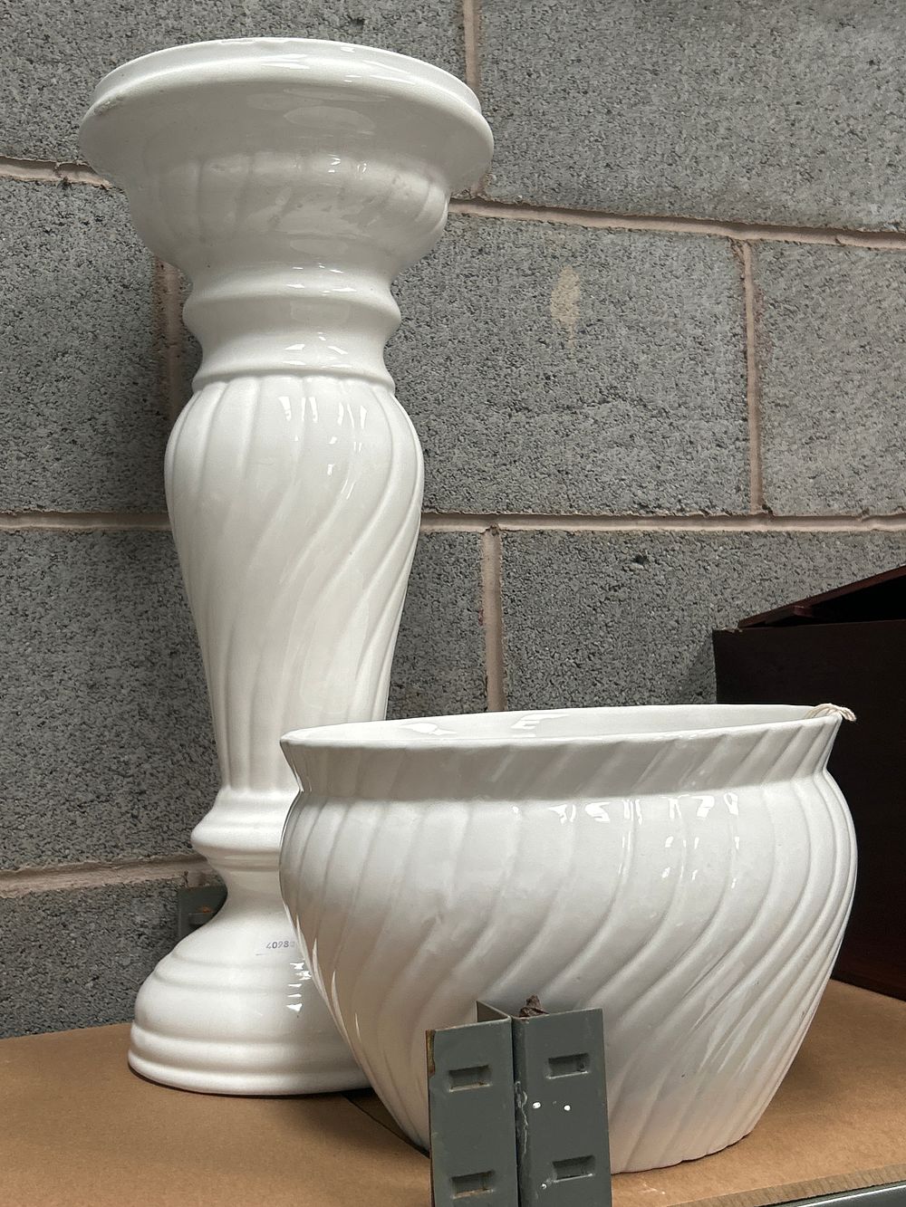 Lot 442: A Pair of White Glazed Ceramic Spiral Fluted Jardiniere and Pedestal