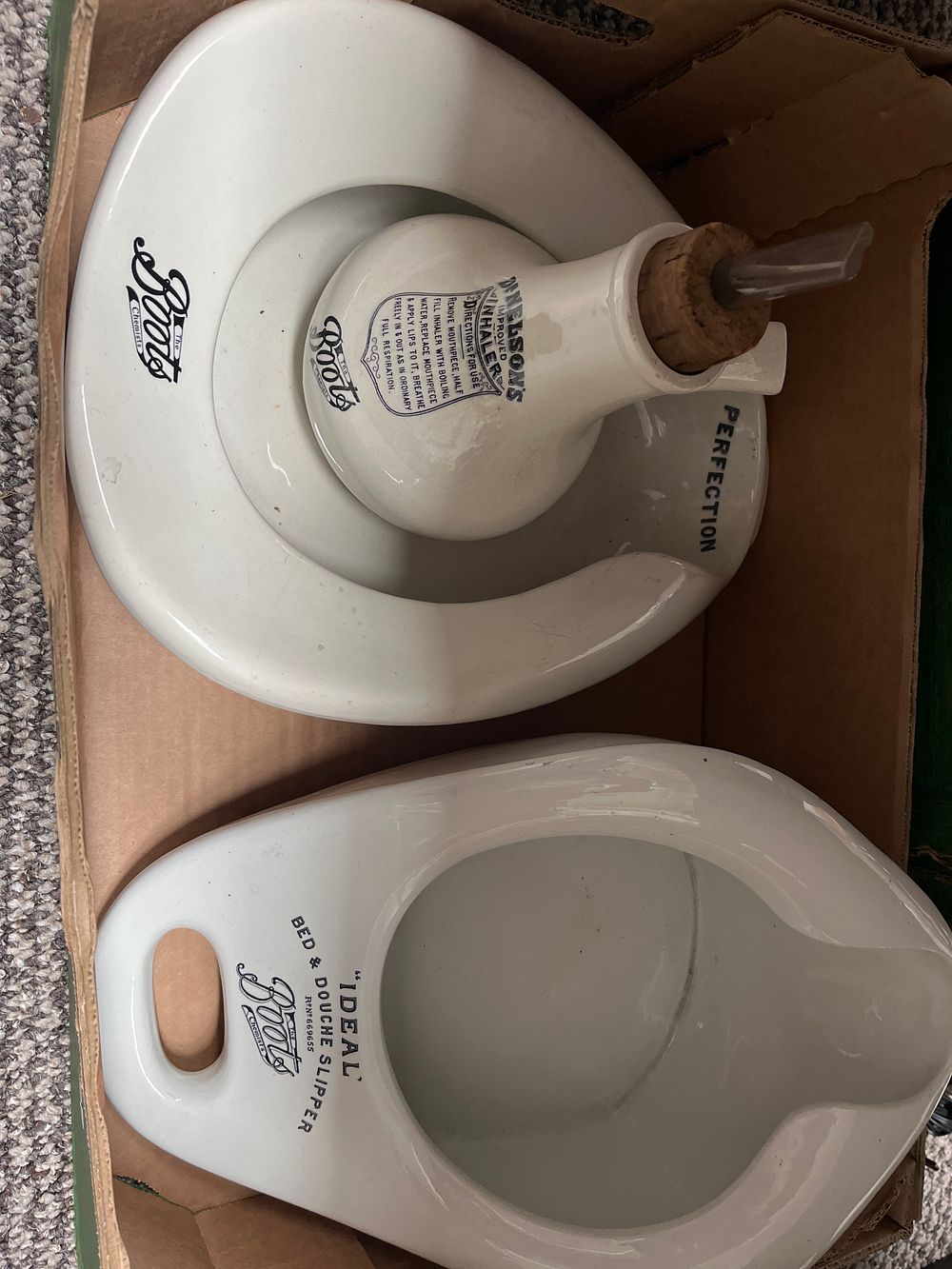 Lot 454: A Trio of The Boots Chemists Ceramic Medical Items including a Dr Nelson's Improved Inhaler