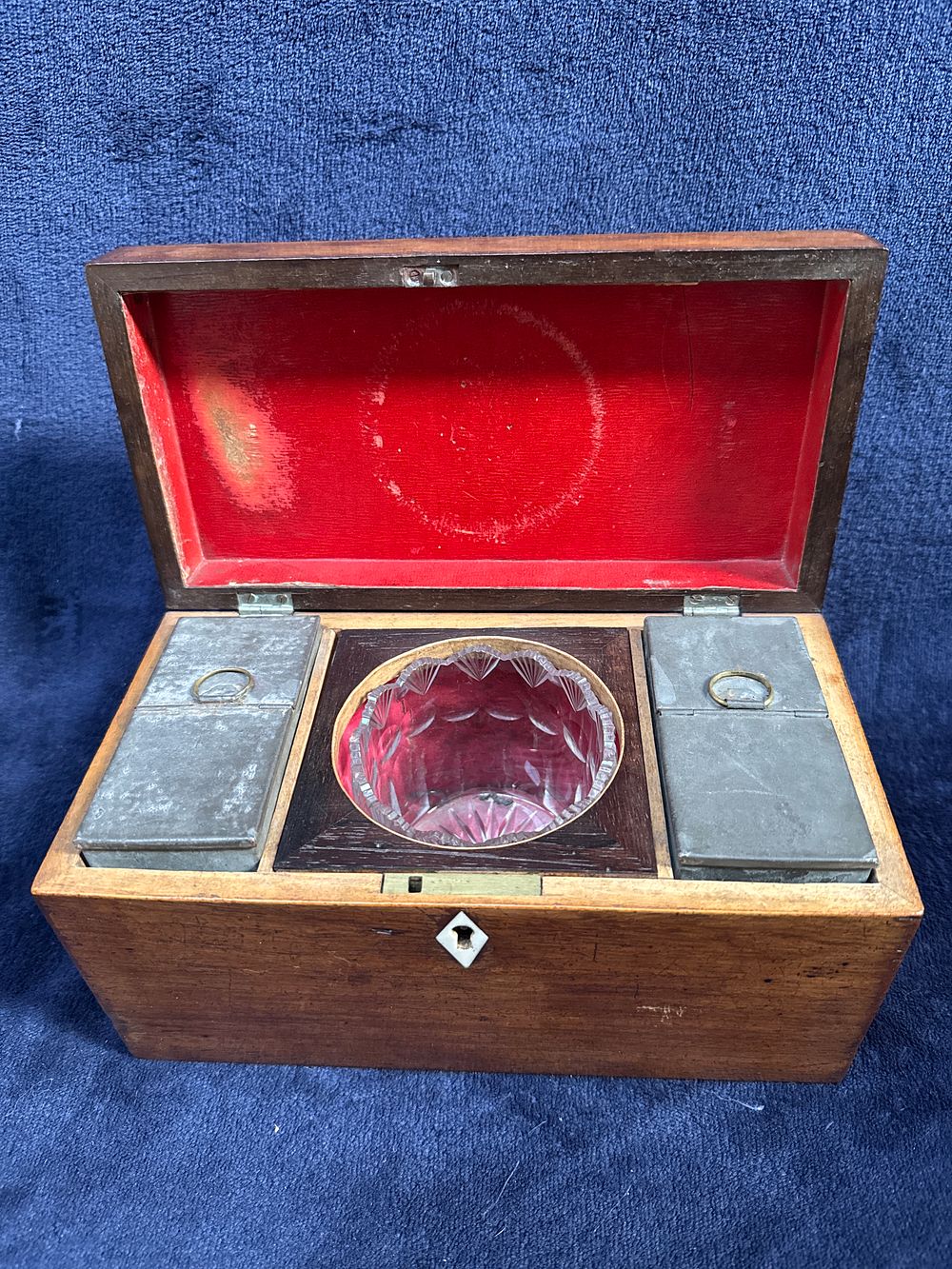 Lot 543: A Regency Mahogany Tea Caddy with Cut Glass Mixing Bowl