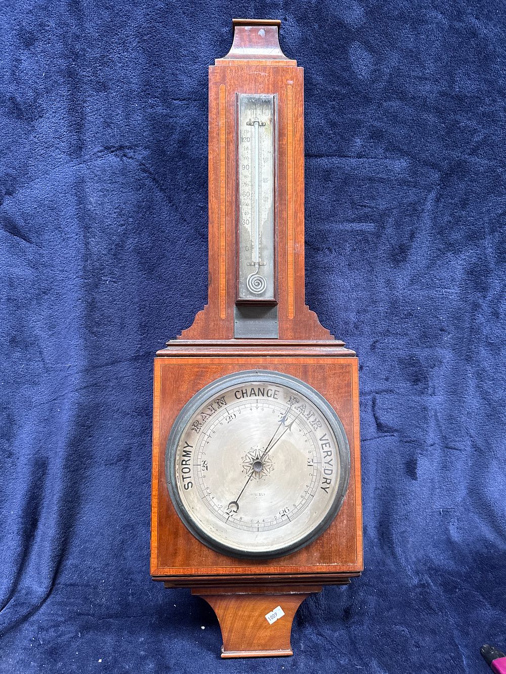 Lot 570: An Early 20th Century Inlaid Mahogany Wall Barometer and Thermometer