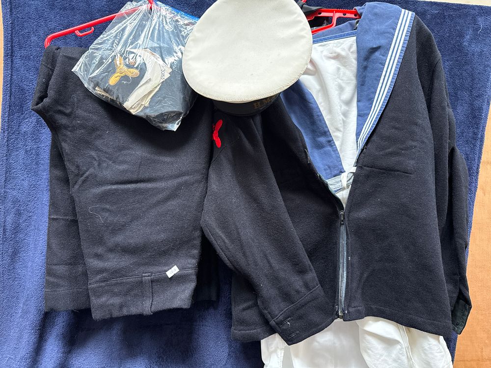 Lot 572: A Collection of British Royal Navy Enlisted Uniform Items H.M.S. Rooke