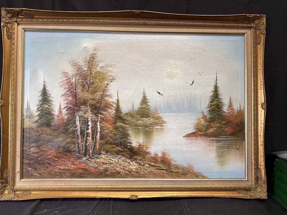 Lot 305: R. Wood, Autumnal Lake Landscape, Oil on Canvas, 41 x 30”