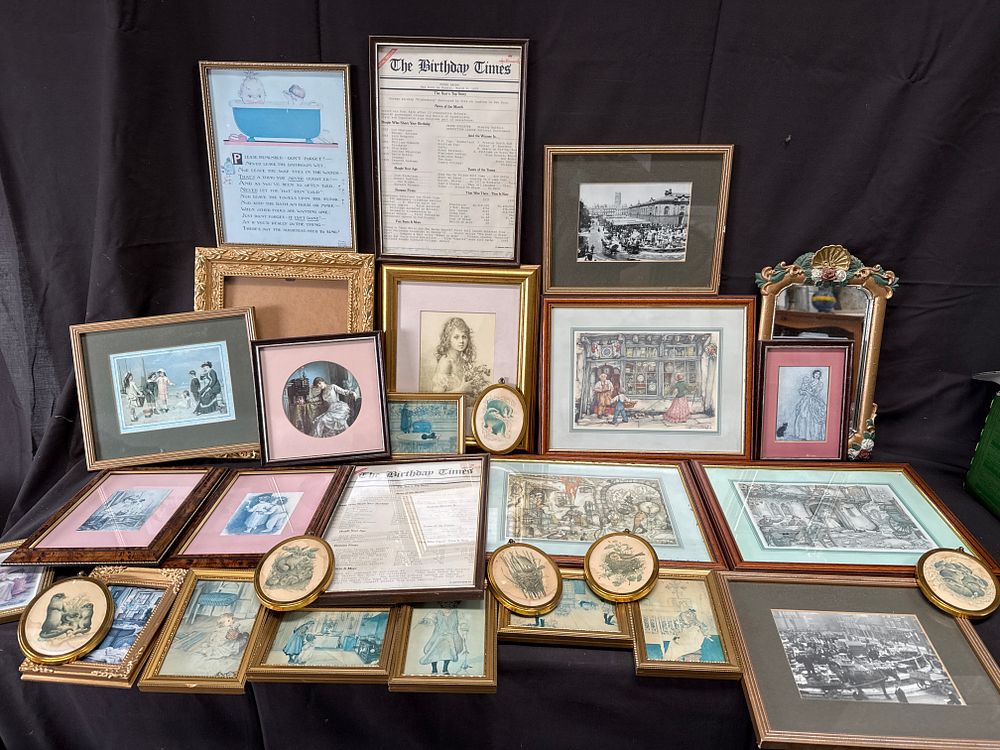 Lot 307: A Collection of Framed Decorative Prints, Souvenir Ephemera, and a Mirror